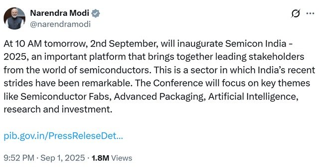 pm modi inaugurated semicon india 2025 tweet