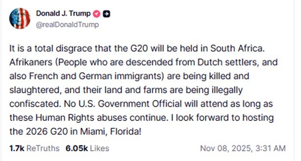 trump will boycott the g-20 summit in south africa tweet